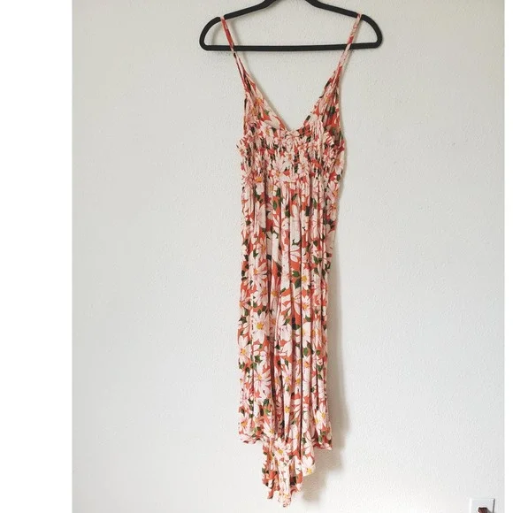 Angie Womens M Orange Daisy Floral Print Wide Leg Jumpsuit Smocked Bohemian Boho - Picture 6 of 10